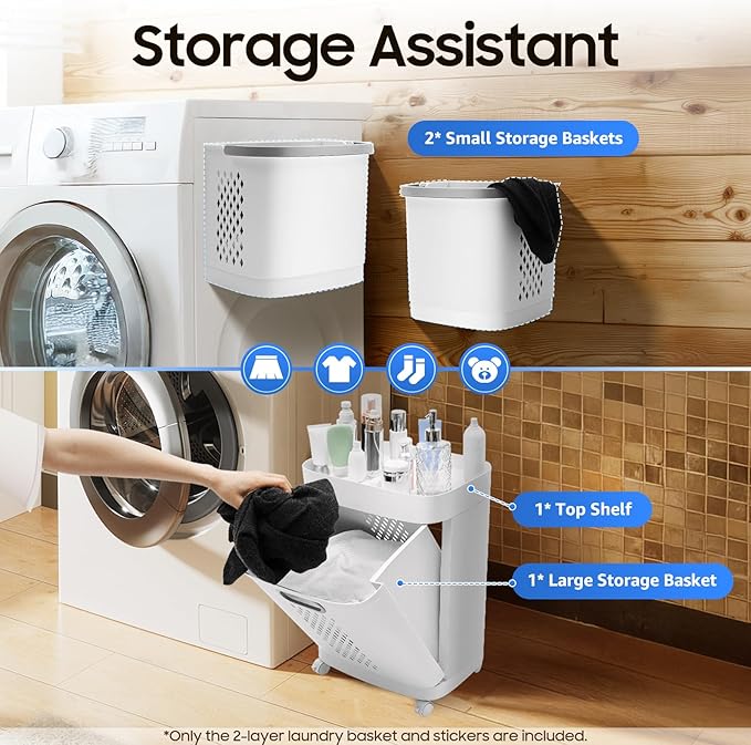 Laundry Basket, 2-Tier 3 Basket Shelf Movable Household Bathroom Rolling Cart Organizer Clothes Storage With 4 Wheels White For Kitchens, Bathrooms, Bedrooms, Dormitories, Classrooms, Laundry Rooms