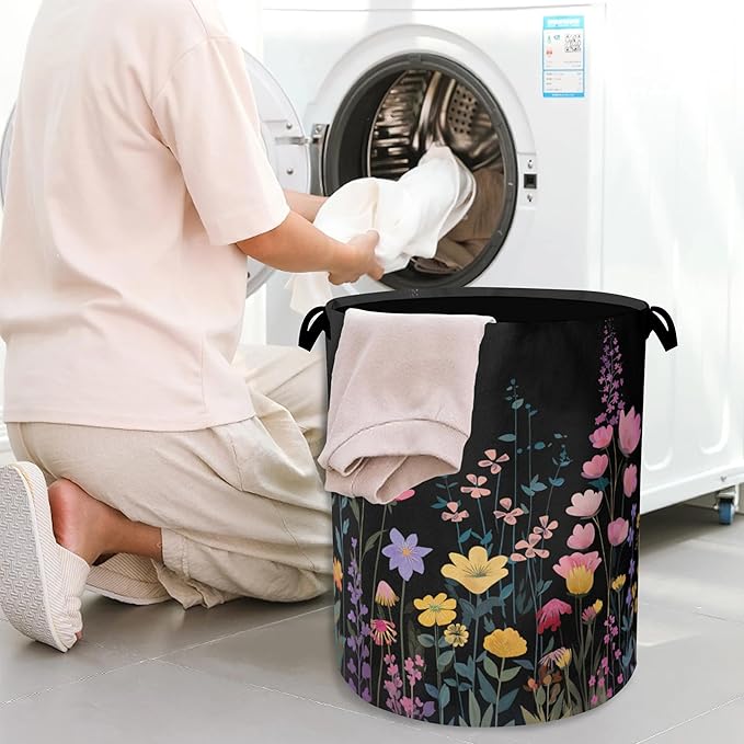 Vintage Wildflowers Laundry Basket,Garden Herb Oxford Cloth Laundry Hamper with Handle Foldable Portable Clothes Storage Basket for Bathroom Bedroom Dorm Room 16" x 20.8"
