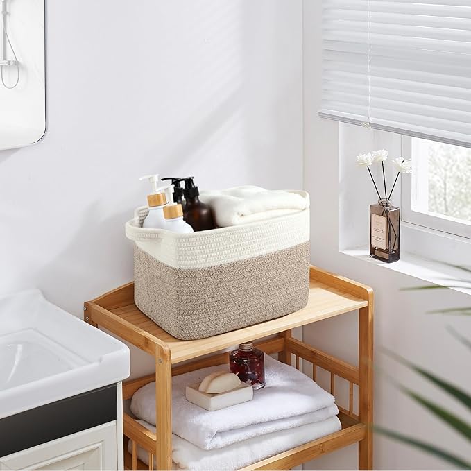 Storage Baskets for Organizing, Woven Baskets for Shelves, Rectangle Decorative Organizer for Storage Clothes, Toy, Books, Towels Nursery Bins 3 Pack (Brown & White, 13"x9.85"x8.7")