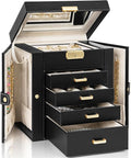AKOZLIN 5-Tier Jewelry Box Leather Jewelry Storage Organizer with 4 Drawers Lockable for Women Girls Ring Necklace Earring Bracelet Watches Holder with Mirror Black