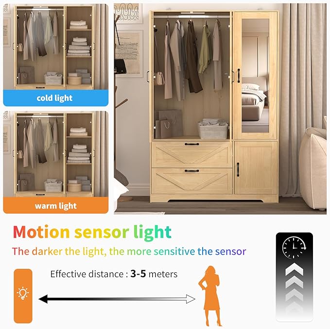 Armoire Wardrobe Closet with Mirror and 2 Drawers, 72''H Bedroom Armoire Wardrobe Cabinet with Hanging Rod and Light,Wooden Bedroom Closet with Adjustable Shelf