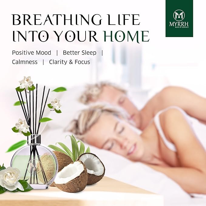 Gardenia Blossom Scented Reed Diffuser Set with 8 Rattan Diffuser Sticks, 150 ml, All Natural Air Freshener, Long-Lasting Diffusers at Home - MyrrhUSA