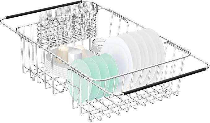 Fanbsy Large Dish Drainer Rack in Sink Adjustable, Expandable 304 Stainless Steel Metal Dish Drying Rack Organizer with Stainless Steel Utensil Holder Over Inside Sink Counter, Rustproof