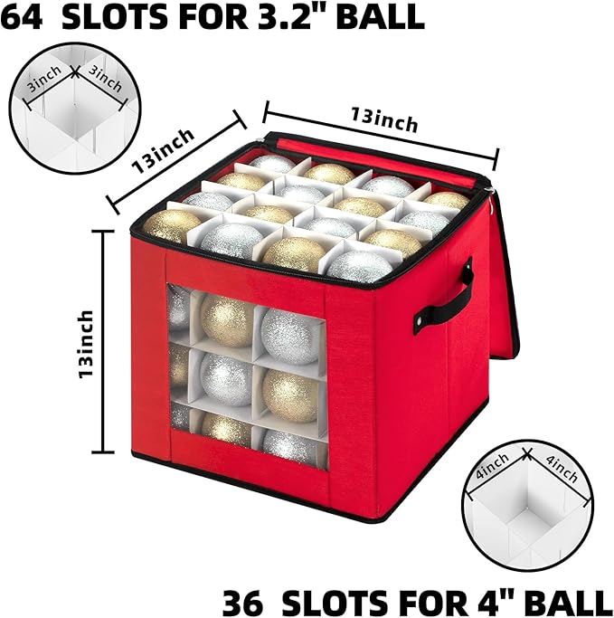 Christmas Visible Ornament Storage Box with Adjustable Dividers,Christmas Ornaments Organizer with Zipper, Storage Container Bin for Decorations(64 Ball, Red, without Tray)