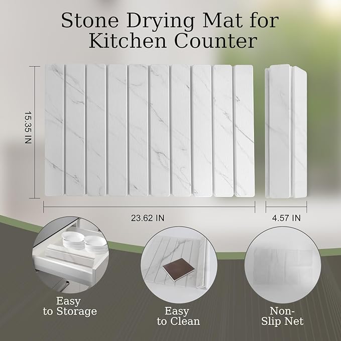 Hopegiver Stone Drying Mat for Kitchen Counter, 24"x16" Marble-Pattern Quick Dry Dish Mat, Elegant Absorbent Diatomaceous Earth Mat for Dishes Countertop Sink Bathroom, Includes Sanding Block
