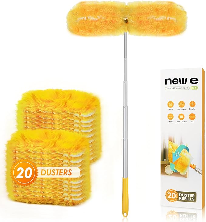 NEWE Dusters for Cleaning with 20 Refills for Flash, Extendable Handle Heavy Duty Dust Magnet for Swiffer with Microfibers, 360 Degree Multi-Surface Dusting Kit for Blinds Furniture (Yellow)