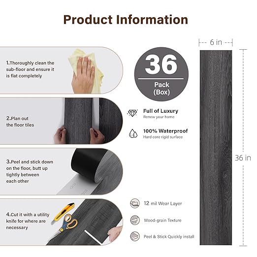 Peel and Stick Floor Tile, INMOZATA Self Adhesive Vinyl Plank Flooring Wood Grain Look 36-Pack 54 Sq.Ft Grey Waterproof Tile Sticker for Bedroom, Living Room, Kitchen, RV (Dull Gray)
