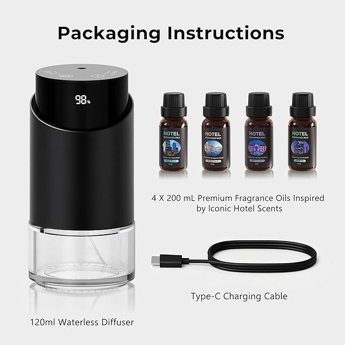 Waterless Essential Oil Diffuser Aromatherapy Scent Diffusers for Home Large Room, Bedroom, Car, Office, Battery Operated Mini Portable Air Freshener, 3 Countdown Timers & 3 Mist Levels
