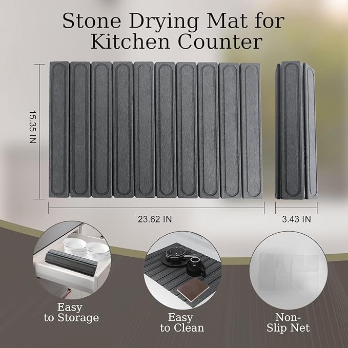 Hopegiver Dark Gray Stone Drying Mat for Kitchen Counter, 24"x16" Engraved Design Quick Dry Stone Mat, Super Absorbent Diatomaceous Earth Dish Drying Mat for Kitchen Bathroom, with Sanding Tools