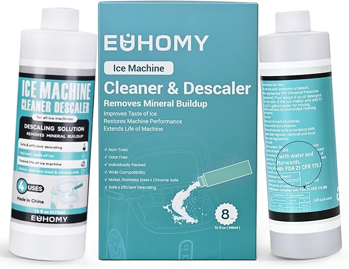 EUHOMY Ice Machine Cleaner Descaler, 32 Fl OZ Ice Maker Cleaner (8 Uses), Ideal Universal Descaling Solution for All Brands Ice Maker, Single Use Coffee and Espresso Machines (2 Bottles)