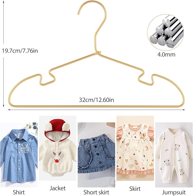 VWV Gold Aluminum Hanger, 30 Pack Baby Hanger，12.6 Inch Children Baby Hanger, Sturdy Metal Children Clothes Hanger for Wardrobe, Space-Saving Toddler Hanger