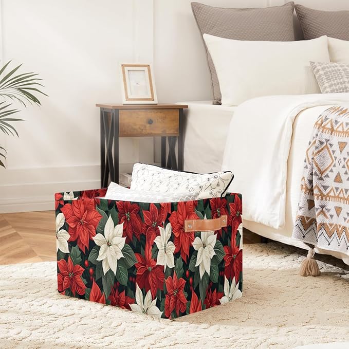 Storage Baskets Bin, Christmas Winter Poinsettia Collapsible Canvas Fabric Storage Bin Decorative Baskets Toy Organizer Rectangle Storage Boxes with Handles for Home Shelves Nursery, J-004