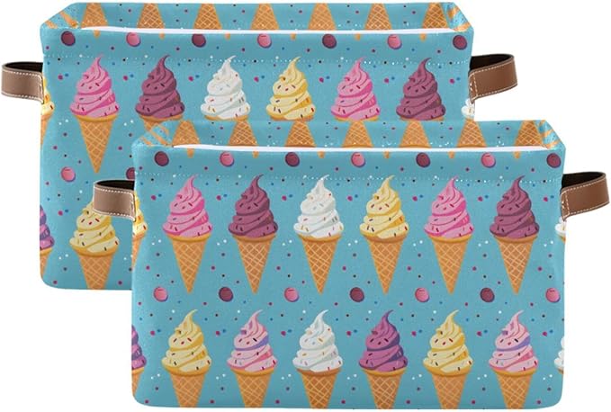 ALAZA Ice Cream Summer Blue Foldable Storage Box Storage Basket Organizer Bins with Handles for Shelf Closet Living Room Bedroom Home Office 2 Pack