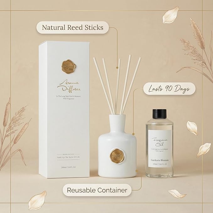 Reed Diffuser Set-Gardenia-Strong Scent, Long-Lasting Evaporation with Natural Reed Sticks & Essential Oils, Elegant Fragrance for Bathroom Bedroom Office Decor Air Fresh-Ideal Gifts