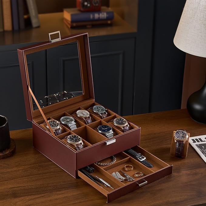 ProCase Watch Case, 8 Slot Mens Watch Box Holder Organizer with Glass Lid, 2-Layer Watches Display Case, Mens Jewelry Box with Drawer, Birthday Valentine Gifts for Men Women -8 Slot, Espresso