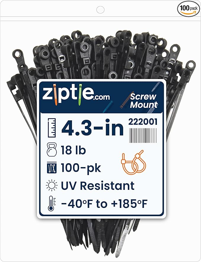ZipTie.com 4.3-Inch Black Zip Ties With Screw Hole - 18-lb Tensile Strength Cord Management & Secure Mounting - Indoor & Outdoor Multi-Purpose Tie Wraps (100-Pack)