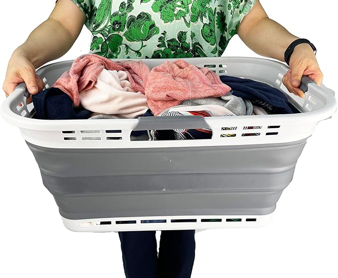 SAMMART 42L (11 Gallon) Collapsible Plastic Storage Basket - Foldable Pop Up Storage Container/Hamper - Portable Laundry Organizer - Space Saving (Grey/Steel Grey, 42L (Style B))