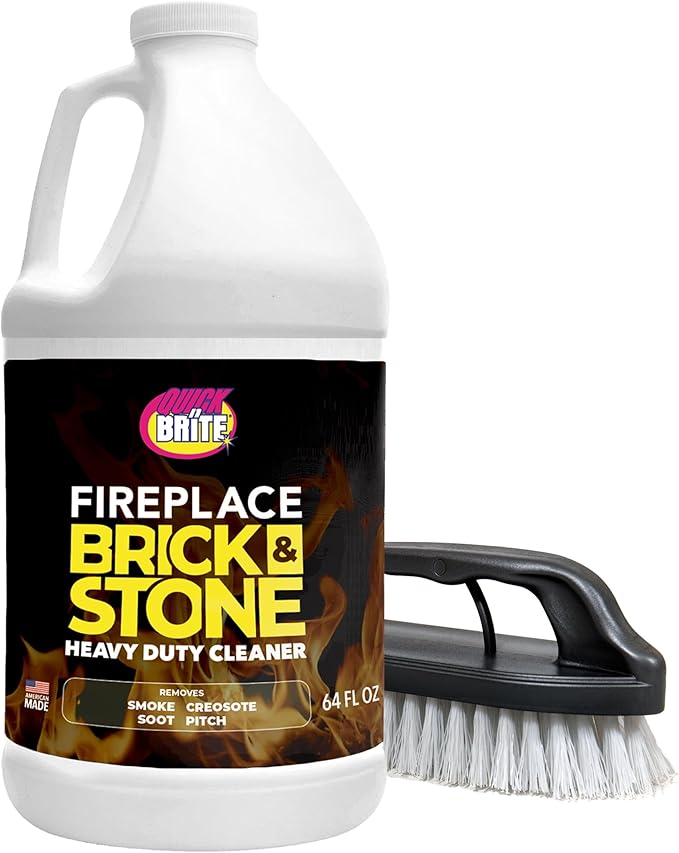 Quick 'n Brite Fireplace Brick and Stone Cleaner 64oz - Natural Stone, Tile, and Marble Cleaner with Scrub Brush - Indoor Fireplace and Wood Stove Cleaning Kit - Pellet Stove Creosote Remover
