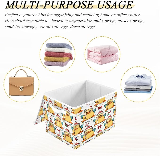 Christmas Duck Cute Pattern Storage Bins with Lids Foldable Storage Basket with Handles Collapsible Large Fabric Organizer Containers for Clothes Shelves Closet Office Home