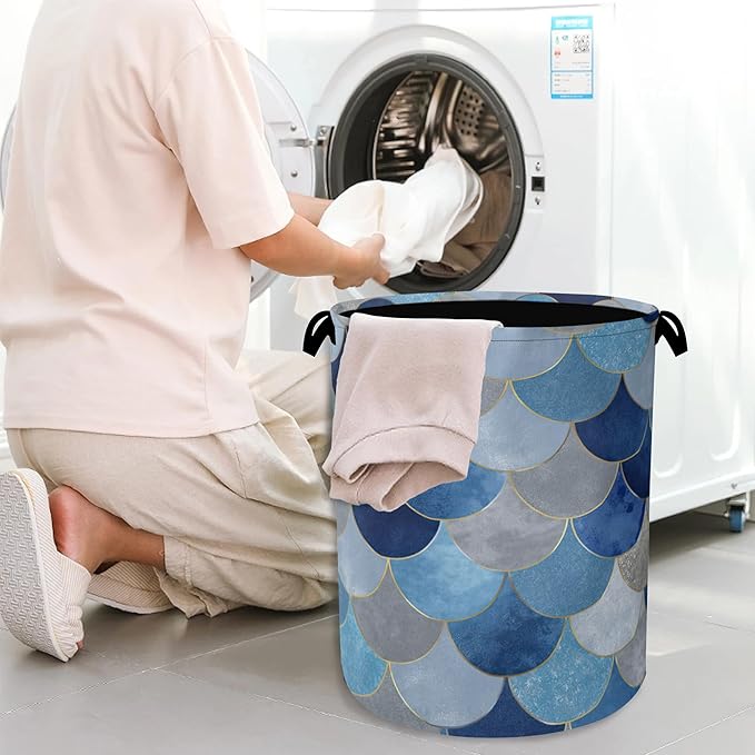 Mermaid Fish Laundry Hamper,Dirty Clothes Laundry Basket with Handles Waterproof Oxford Cloth Storage Basket for College Dorms Bathroom Bedroom 16" x 20.8"