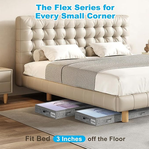 3 Inch Low Profile Under Bed Storage Drawer 2 Pack, Lightweight Underbed Clothes Storage Container Bins with NO STURCTURE, Shallow Storage Bag for Dorm & Home, With Clear Lids & Water-Resistant Fabric