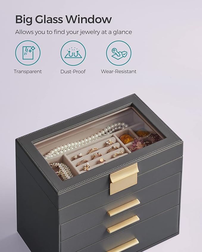 SONGMICS Jewelry Box Organizer with Glass Lid, 4-Layer Jewelry Storage, with 3 Drawers, Modern Style, 6 x 9.9 x 8.5 Inches, Interstellar Gray and Gold Color UJBC161C01