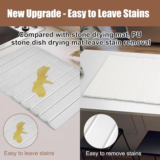 Large Stone Drying Mat for Kitchen Counter with PU Leather, Quick Drying Collapsible Dish Drying Mats,25"(L)×16"(W) Absorbent Diatomaceous Earth Mats for Dishes Bottles Cups,Match Any Countertop