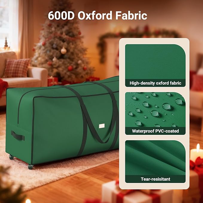 ELYKEN 7.5FT Christmas Tree Storage Bag with Wheels, Rolling Storage Bag for Artificial Christmas Tree and Decorations, Heavy Duty 600D Oxford Fabric, Length-Adjustable Handles, Dual Zippers, Green