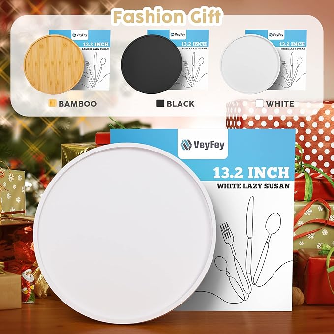 White Lazy Susan, 13.2 Inch Non-Skid Bamboo Turntable for Kitchen Table Cabinets and Closets, Wood Organizer for Kitchen Countertop