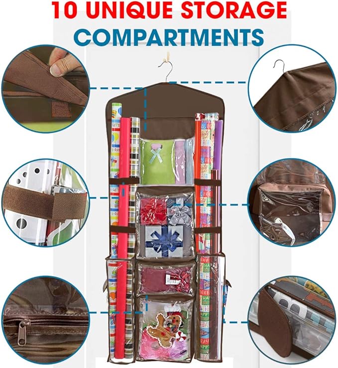 ProPik Hanging Double Sided Wrapping Paper Storage Organizer with Multiple Pockets, Organize your Gift Wrap, Gift Bags, Bows, Ribbons 40"X17" Fits 40 Inch Rolls Clear PVC Bag (Brown)
