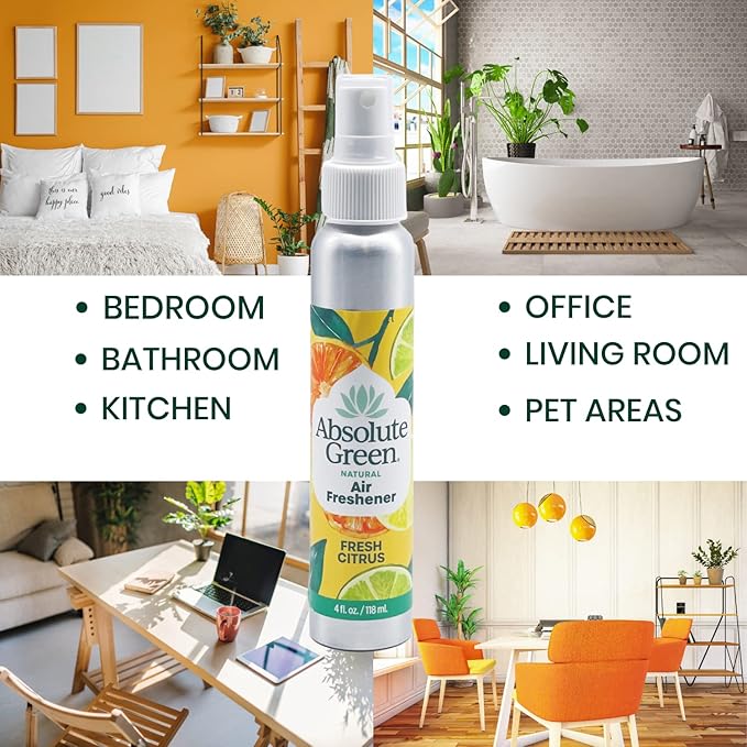 Absolute Green Air Freshener Room Spray, Non-Toxic, Cover Odors, Safe around Kids and Pets, Natural Fresh Citrus Scent 4oz (1 Pack)