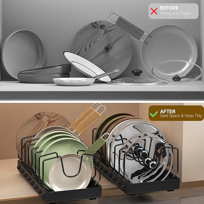 2PCS Black Pot Lid Organizer, Pull-out Pots and Pans Organizer, Under Cabinet Pot Lid Holder for Kitchen, Sliding type Pots and Pans Storage with 16 Adjustable Dividers for Cabinet Pantry Countertop
