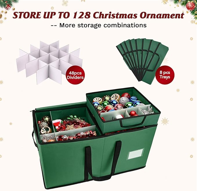 Christmas Ornament Storage Box, Ornament Storage Organizer Fits 128 of 3 inch Ornament Balls, 8 Removable Tray Ornaments Storage Containers with Dividers to Store Xmas Holiday Decor(Green)