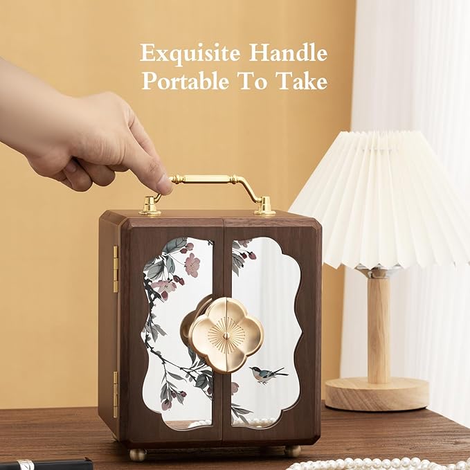 Black Walnut Jewelry Organizer, Wooden Jewelry Box with Gold Handle & Mirrored Flowers, 4 Layers of Storage | Perfect for Anniversaries, Birthdays, Weddings (Brown, 6.29"D x 5.9"W x 7.08"H)