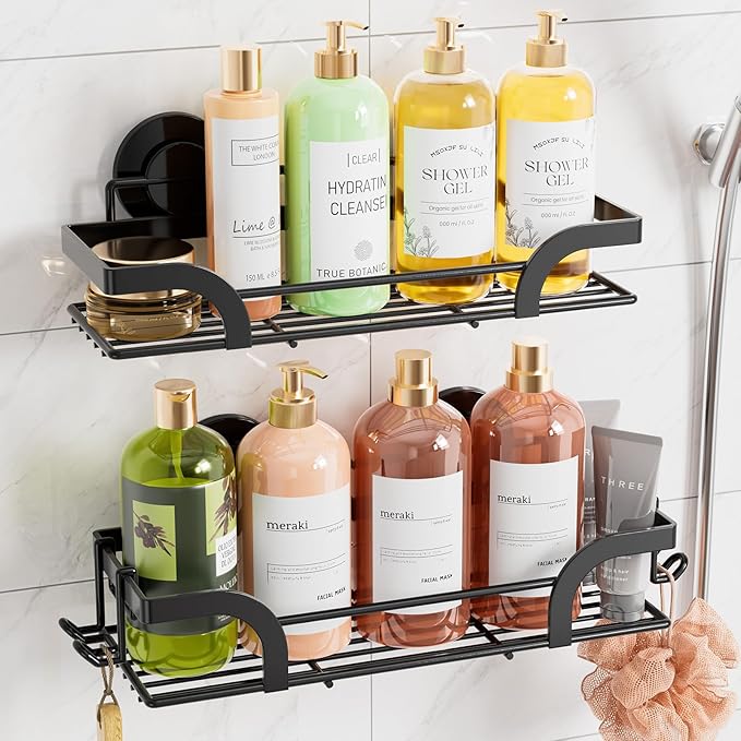 TAILI Shower Caddy Suction Cup 2 Pack, Heavy Duty Bathroom Basket, Bath Shelves for Inside, Stainless Steel Shower Holder Organizer for Bathroom Storage & Home Decor, No Drilling,Black