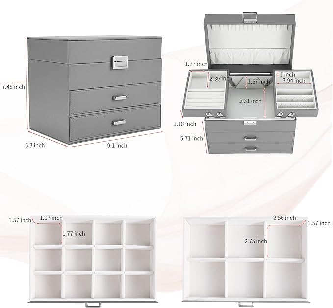 Dajasan Jewelry Holder Organizer Box, Jewelry Boxes for Women Girls, 4 Layers Large Jewelry Storage Box for Earring, Ring, Necklace, Bracelets (Grey)