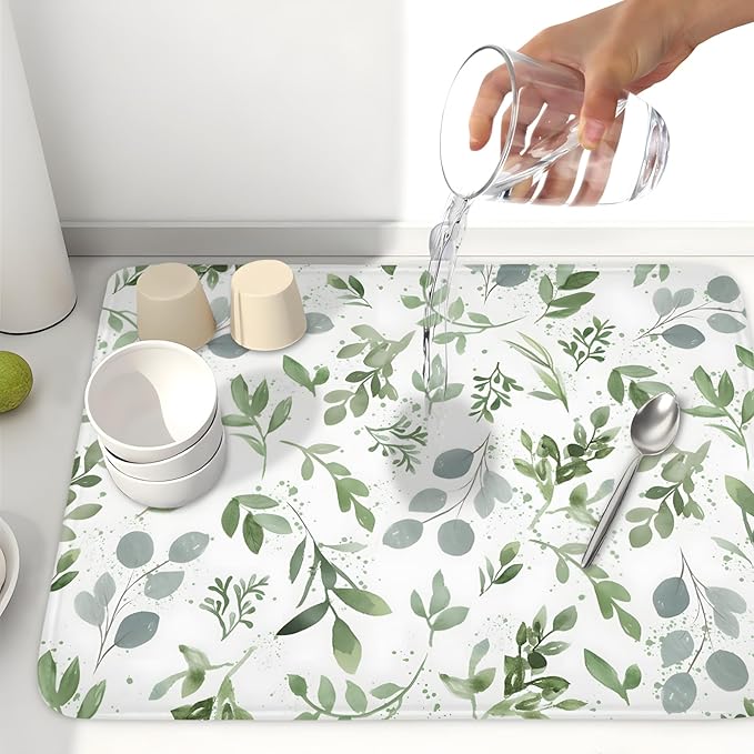 ABSOP Spring Summer Sage Green Leaves Dish Drying Mat 16 x 18 Inch Spring Eucalyptus Leaf Dish Drainer Rack Mat Absorbent Microfiber for Holiday Kitchen Coffee Dining Bar Decor