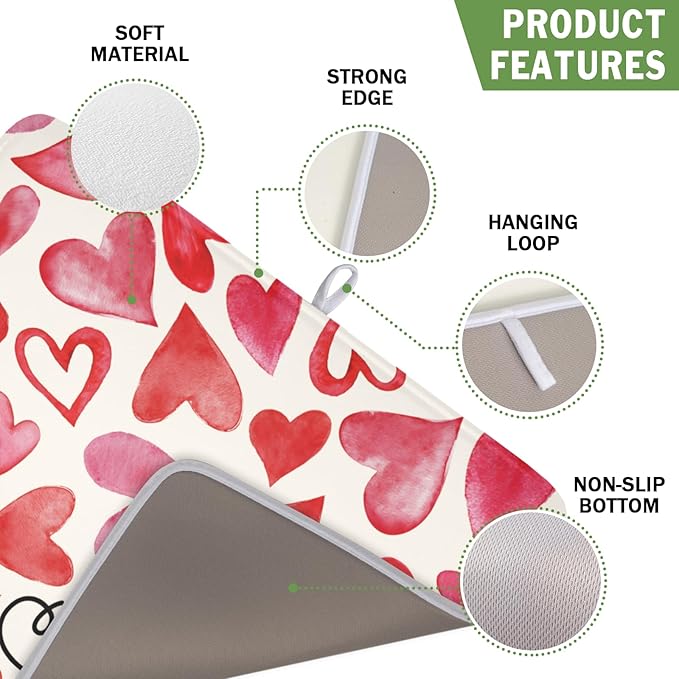 ABSOP Valentine's Day Dish Drying Mat 16 x 18 Inch Heart Shaped Dish Drying Pad Absorbent Microfiber Mats for Red and Pink Dish Rack Pad for Kitchen Counter Coffee Bar Decor