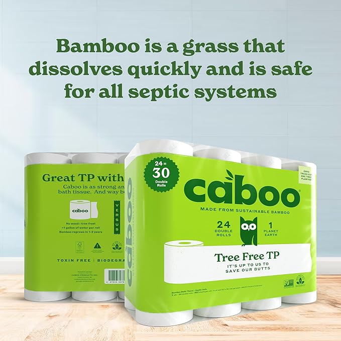 Caboo Tree Free Toilet Paper, Septic Safe Toilet Tissue, Chemical Free, Non Toxic, 2 Ply Bathroom Toilet Paper | Pack of 24 Double Rolls, 300 Sheets Per Roll
