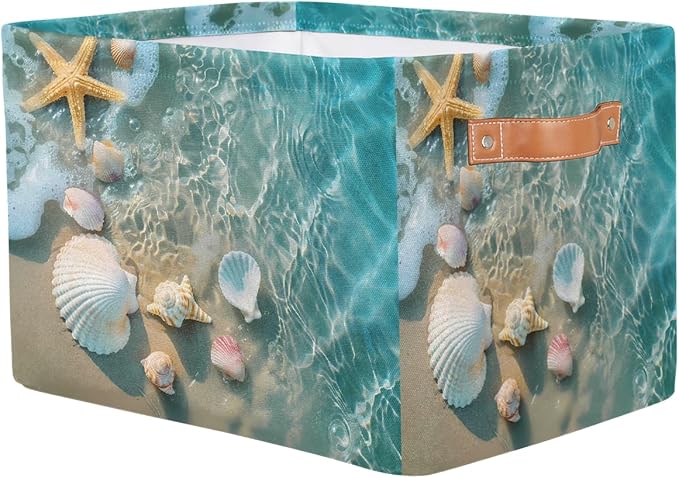 Beach Starfish Seashell Storage Basket for Shelves, Storage Bins with Handles, Collapsible Basket for Organizing, Closet Toy Baskets for Nursery Room, 15x11x9.5 in, Canvas, Ocean Animal