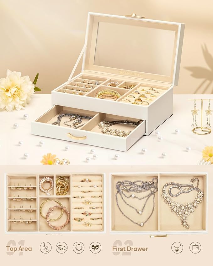 Jewelry Box with 1 Drawers: Display Organizer for Earrings Necklaces - Christmas Gifts for Girls Women (White)