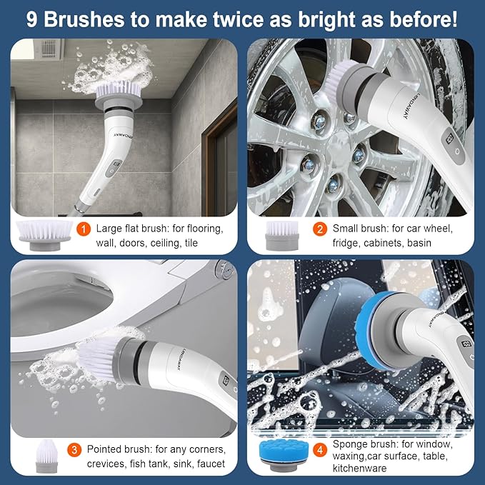 LENDAWAY 9-in-1 Multi-Purpose Electric Spin Scrubber for Cleaning, 2 Speed Long Handle Shower Scrubber, Replaceable Cleaner Brush Heads for Floors, Windows, Bathtub, Grout, Tiles, Sink, Car, Bathroom