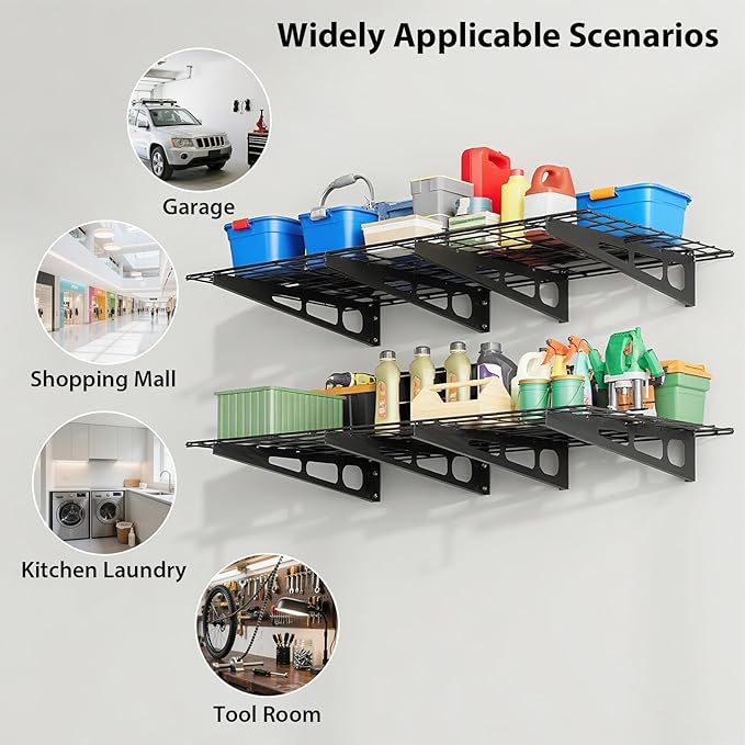 ExploreHorizon 2 Pack 2x6 FT Garage Shelves Wall Mounted,1600 LBS Heavy Duty Wall Shelf with Adjustable Distance,for Garage,Kitchen Laundry,Shopping Mall and Tool Room,Black