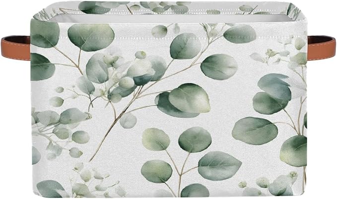 Eucalyptus Leaves Storage Basket for Shelves, Storage Bins with Handles, Collapsible Basket for Organizing, Closet Toy Baskets for Nursery Room, 15x11x9.5 in, Canvas, Sage Green