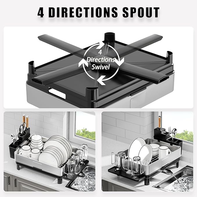 Ewaiira Dish Drying Rack, 304 Stainless Steel Dish Racks for Kitchen Counter, Dish Drainers with Automatic Drainage, Utensil Holder & Cups Holder, Space Saving Kitchen Organizer, Black