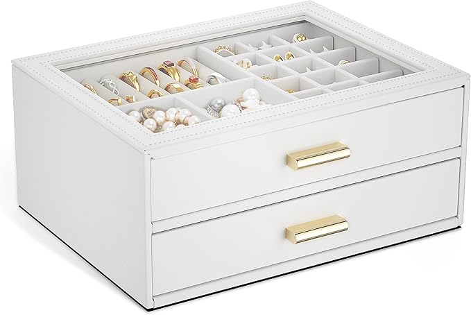 AKOZLIN Jewelry Box with Clear Lid Functional Leather Jewelry Storage Organizer Case 2 Drawers for Women Girls Necklace Ring Bracelet Earring