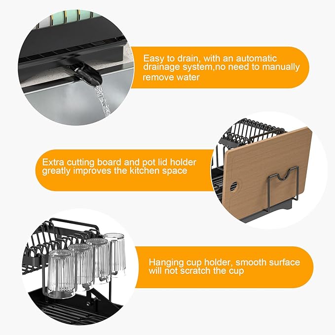ULAIHOMN Large Dish Drying Rack,Dish Rack 2 Tier,Dish drainers for Kitchen Counter with Cup Chopping Board Cutlery Holder,Anti-Rust Collapsible 16.5" L x 11.8" W Black