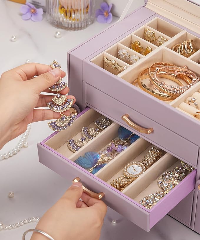 Jewelry Box with 3 Drawers: Display Organizer for Earrings Necklaces - Gifts for Girls Women (Grey Purple)