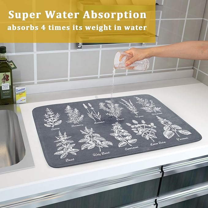Flower Herbs Dish Drying Mat Wild Plant Dish Rack Mat with Hanging Loop Fast Dry Dish Drainer Pad for Kitchen Counter Sink 18x24 Inch