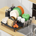 Urackify Dish Rack for Kitchen Counter, 304 Stainless Steel Dish Drying Rack, Expandable Dish Drainer, Foldable Kitchen Storage Organizer with Cutlery Holder, Plate Rack, Black
